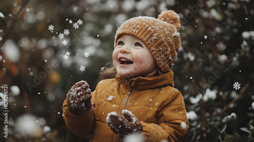 Obraz na płótnie A toddler giggling as they try to catch snowflakes with their tiny mittens. w salonie