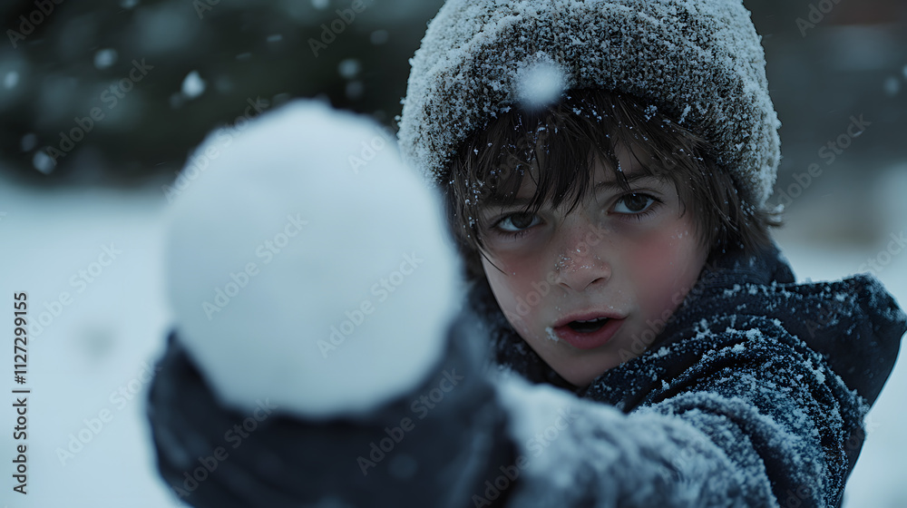 A young boy aiming a snowball with determination during a snowy duel.