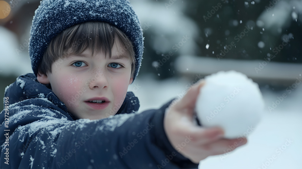 A young boy aiming a snowball with determination during a snowy duel.