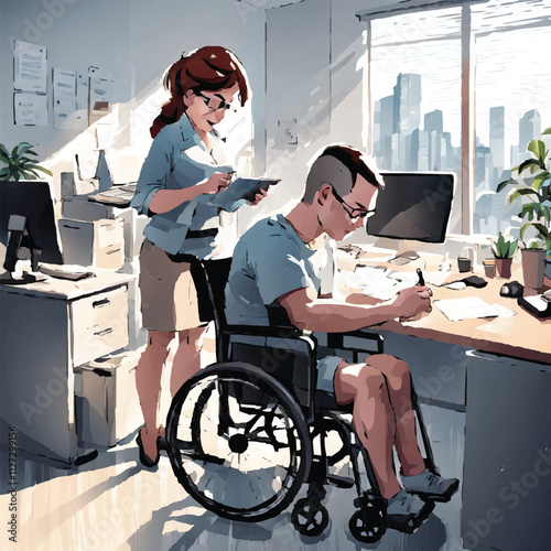 Diverse disable person at office work. Cartoon vector illustration set of people business employee with physical disability - man with tablet in wheelchair and woman with leg prosthesis and phone.