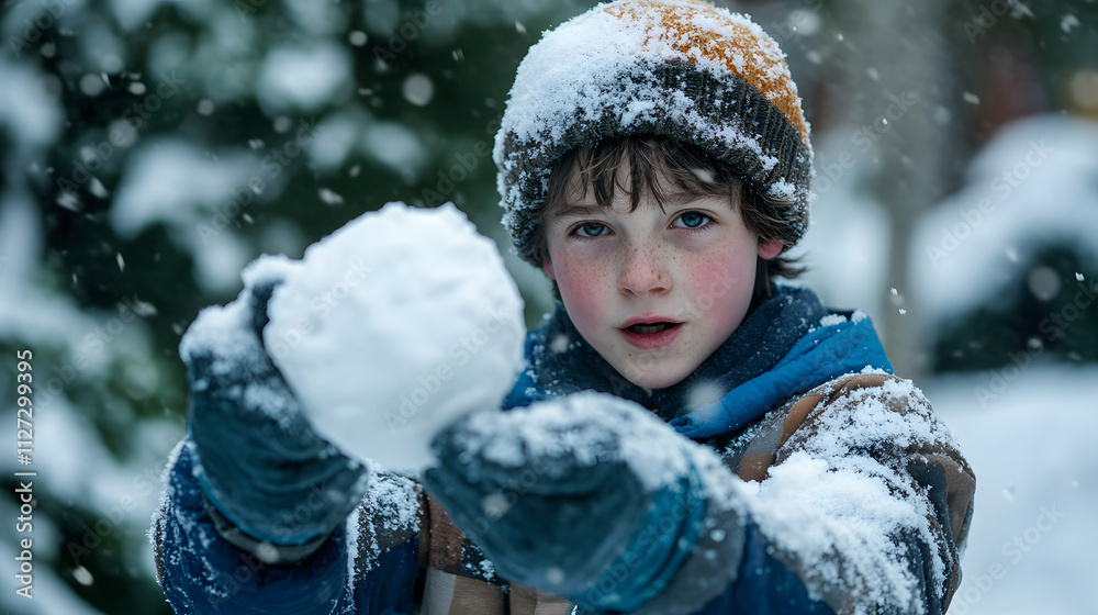 A young boy triumphantly holding a snowball ready to throw during a snowy battle.