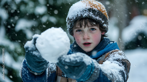 Obraz na płótnie A young boy triumphantly holding a snowball ready to throw during a snowy battle. w salonie