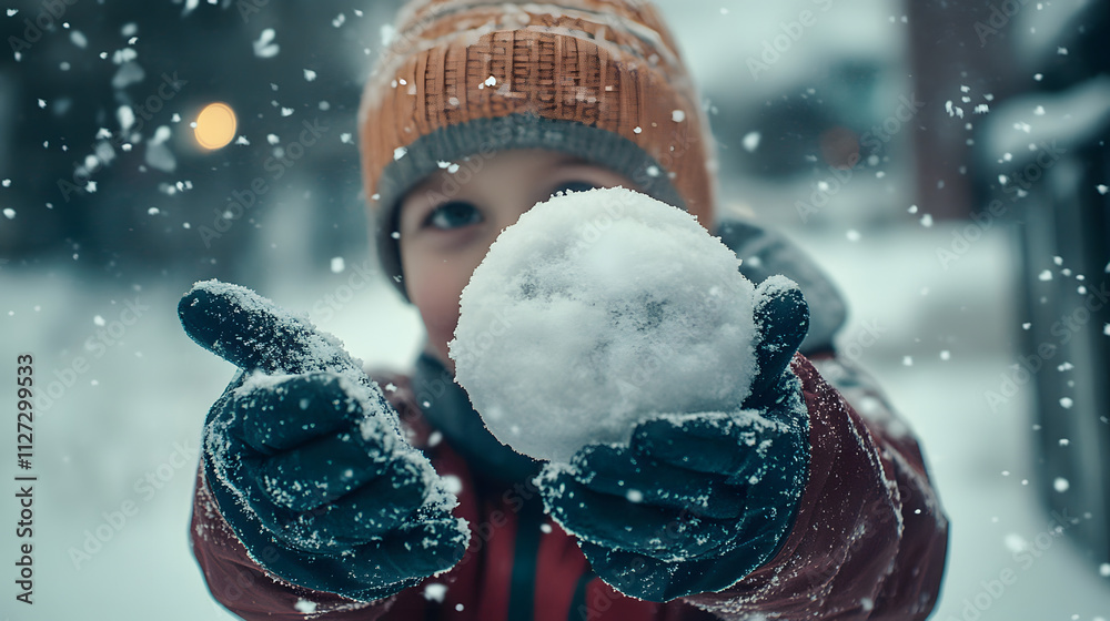 A young boy triumphantly holding a snowball ready to throw during a snowy battle.