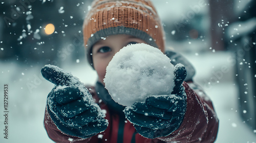 Obraz na płótnie A young boy triumphantly holding a snowball ready to throw during a snowy battle. w salonie