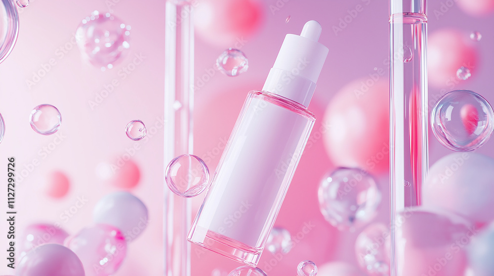 Transparent glass bottle with white label of skin care product, surrounded by transparent tubes and bubbles in an industrial laboratory setting on pink and blue tones Transparent glass bottle with white label of skin care product, surrounded by transparent tubes and bubbles in an industrial laboratory setting on pink and blue tones