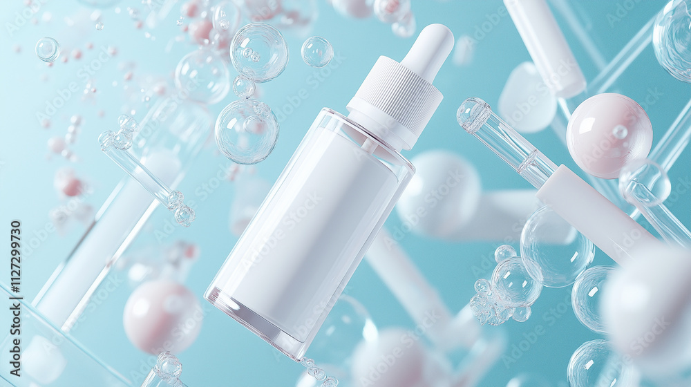 Transparent glass bottle with white label of skin care product, surrounded by transparent tubes and bubbles in an industrial laboratory setting on pink and blue tones Transparent glass bottle with white label of skin care product, surrounded by transparent tubes and bubbles in an industrial laboratory setting on pink and blue tones