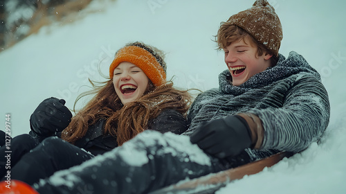 A young couple sledding down a snowy hill holding hands and laughing.