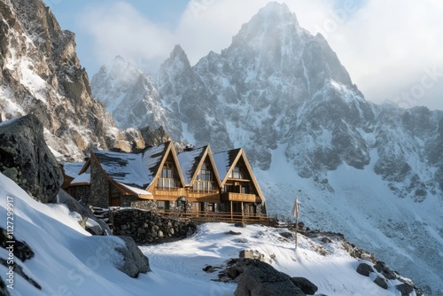 Beautiful mountain lodge surrounded by peaks and snow in winter