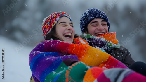 Obraz na płótnie A young couple sledding downhill together wrapped in colorful scarves and laughing. w salonie