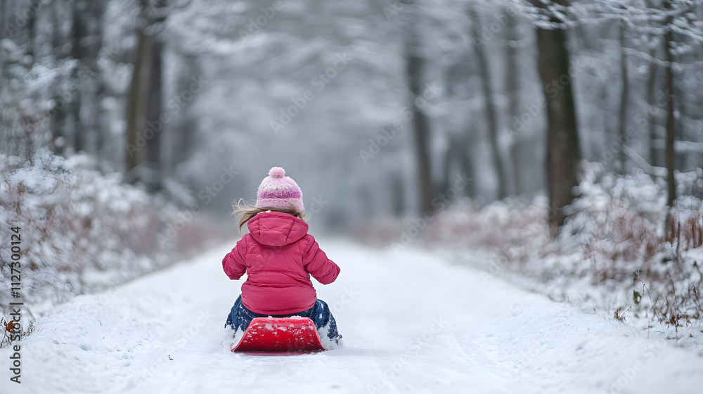 A young girl steering her sled expertly through a snowy forest trail.