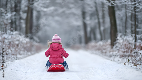 Obraz na płótnie A young girl steering her sled expertly through a snowy forest trail. w salonie