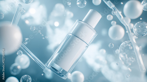 Transparent glass bottle with white label of skin care product, surrounded by transparent tubes and bubbles in an industrial laboratory setting on pink and blue tones