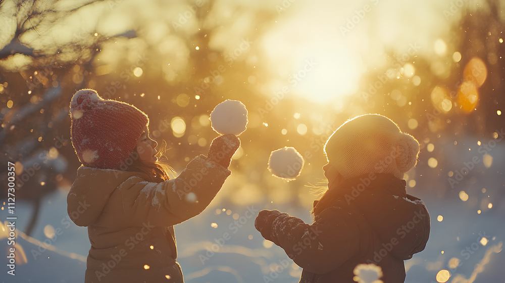 Two children throwing snowballs under the soft glow of a winter sunset.