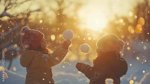 Obraz na płótnie Two children throwing snowballs under the soft glow of a winter sunset. w salonie