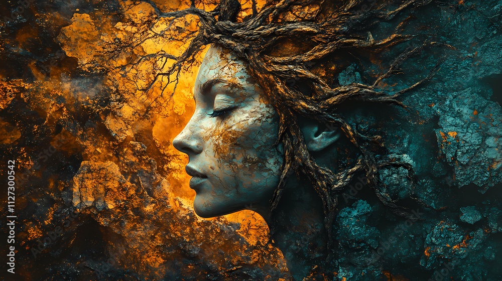 Naklejka premium Dark fantasy portrait of woman with tree growing out of head - mystical, surreal, nature, woman, tree, roots, stone, orange, blue, green, abstract, spiritual, dark, etherea. Etherea. Illustration
