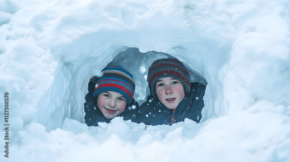 Two friends crouched behind a snow fort preparing for a snowball attack.
