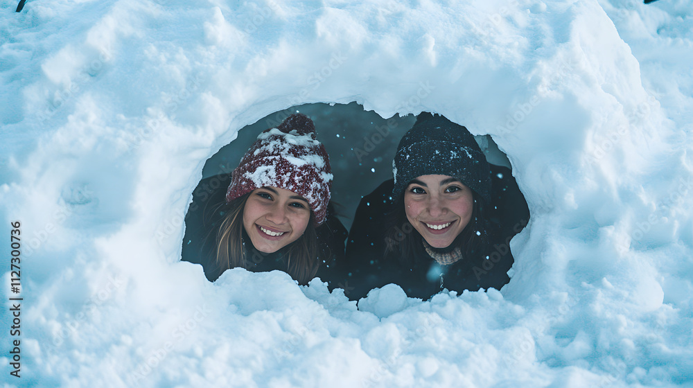 Two friends crouching behind a snow fort planning their next snowball attack.