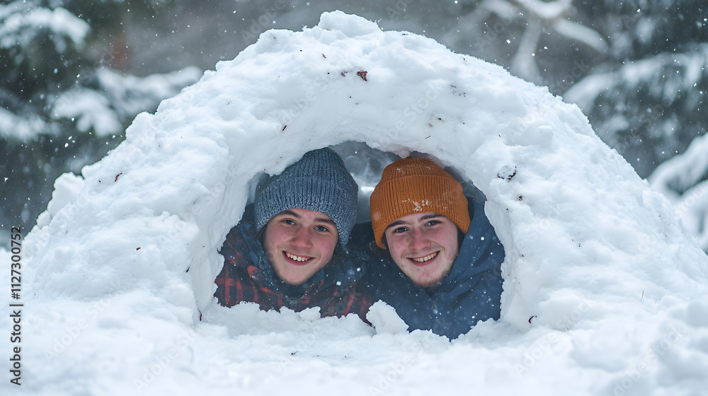 Two friends crouching behind a snow fort planning their next snowball attack.