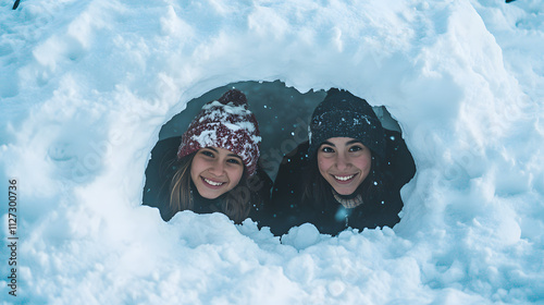 Obraz na płótnie Two friends crouching behind a snow fort planning their next snowball attack. w salonie