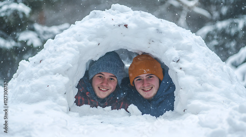 Obraz na płótnie Two friends crouching behind a snow fort planning their next snowball attack. w salonie