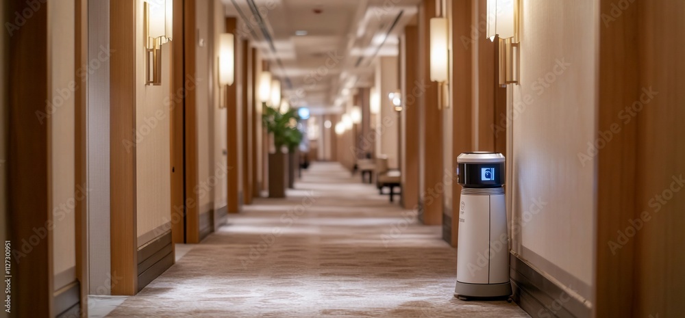 A hotel hallway featuring a service robot beside a carpeted floor. A hotel hallway featuring a service robot beside a carpeted floor.