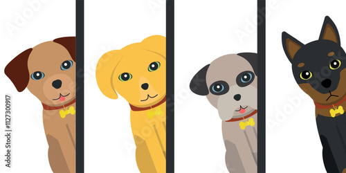 4 Dogs Hiding on the Side Illustrations - Brown, Stray, Pug and Doberman Dogs. Cartoon in Flat Design.