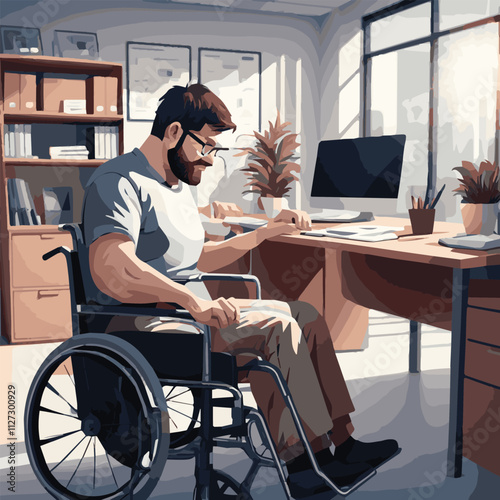 Diverse disable person at office work. Cartoon vector illustration set of people business employee with physical disability - man with tablet in wheelchair and woman with leg prosthesis and phone.