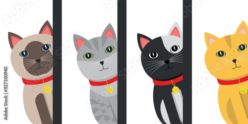 4 Cats Hiding on the Side Illustrations - Siamese, Tabby, Black White and Fat Orange Cats. Cartoon in Flat Design.