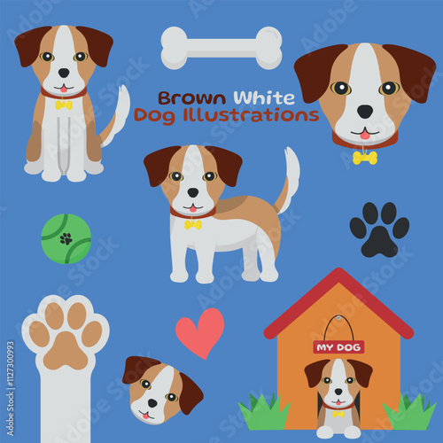 Brown and White Dog - Cute Illustrations in Different Poses, Sitting, Side, Head, Paw and Lying in Doghouse. Cartoon in Flat Design.