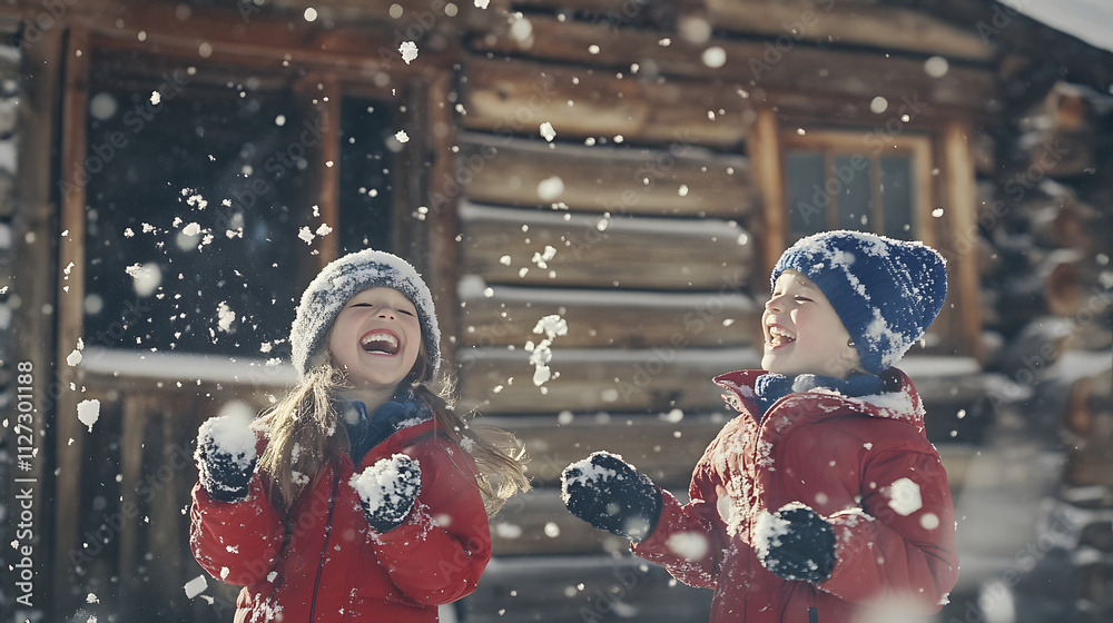Two kids laughing and throwing snowballs in front of a rustic cabin.