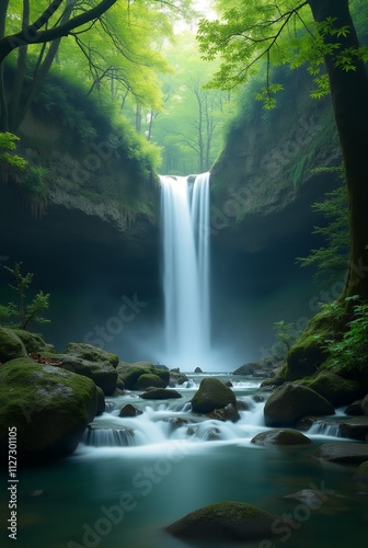 Serene Waterfall Cascading Through Lush Green Forest Enchantment A Breathtaking View of Nature's Majesty