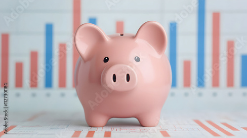 Creative financial planning with a piggy bank as the centerpiece against colorful bar graphs illustrating savings trends and investment growth photo