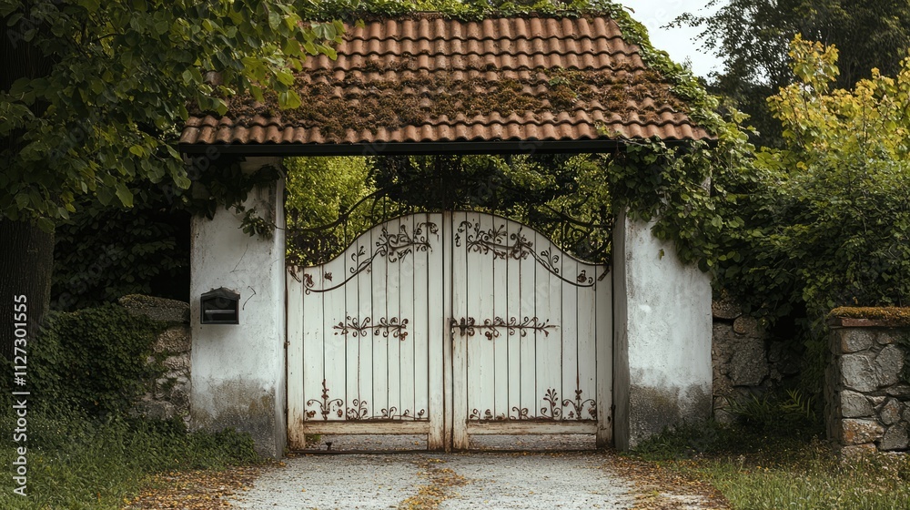 Rustic white steel gate entrance to a traditional old house, framed by lush greenery and a tiled roof, featuring intricate ironwork, historical charm, architecture, outdoor setting. Rustic white steel gate entrance to a traditional old house, framed by lush greenery and a tiled roof, featuring intricate ironwork, historical charm, architecture, outdoor setting.