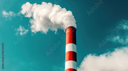 White smoke billowing from a red and white factory chimney against a clear blue sky, highlighting industrial emissions and environmental impact, pollution, industry, urban setting. photo