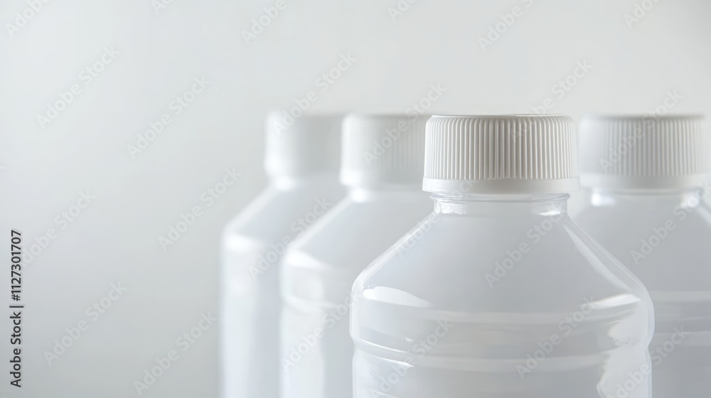 Transparent white plastic container for antiseptic cleaning products, featuring a ribbed cap, displayed on a smooth white background, product photography, hygiene, cleaning supplies. Transparent white plastic container for antiseptic cleaning products, featuring a ribbed cap, displayed on a smooth white background, product photography, hygiene, cleaning supplies.
