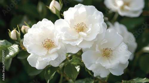 Delicate white wild roses in soft sunlight against a dark background showcasing intricate details in an outdoor garden setting