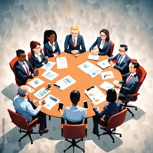 Business Discussion. Vector cartoon illustration in a flat style of a group of diverse people leading a discussion at a table near a whiteboard with charts and graphs. Isolated on background.	