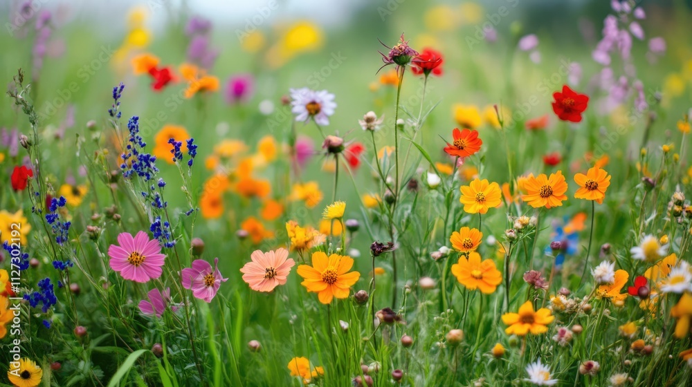 Vibrant wildflower meadow featuring a variety of colorful blooms like daisies and lupines, with a softly blurred background, nature, floral, spring blooms, and natural beauty. Vibrant wildflower meadow featuring a variety of colorful blooms like daisies and lupines, with a softly blurred background, nature, floral, spring blooms, and natural beauty.