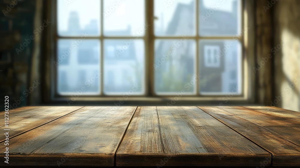 Empty wooden table in front of a blurred window with a cityscape background creating a cozy indoor atmosphere for presentations or displays Empty wooden table in front of a blurred window with a cityscape background creating a cozy indoor atmosphere for presentations or displays