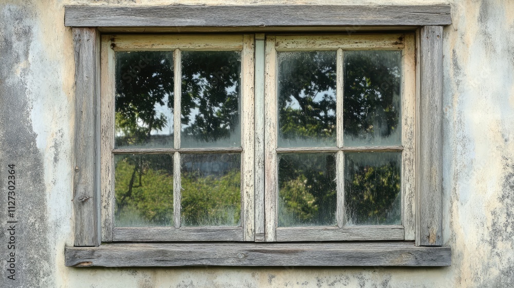 Abandoned house window in summer showcasing rustic wooden frame and overgrown greenery reflected in dusty glass. Abandoned house window in summer showcasing rustic wooden frame and overgrown greenery reflected in dusty glass.