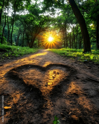 Heart-shaped roots in a tranquil forest at sunrise photo