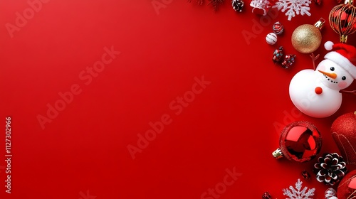 A snowman with a santa hat and ornaments on a red background photo