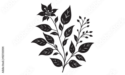 Black and white floral vector illustration of a lily flower with swirling leaves, perfect for nature-inspired design and decor
