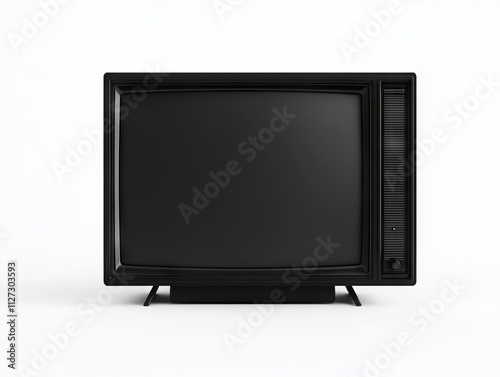 A black television set with a blank screen on a white background