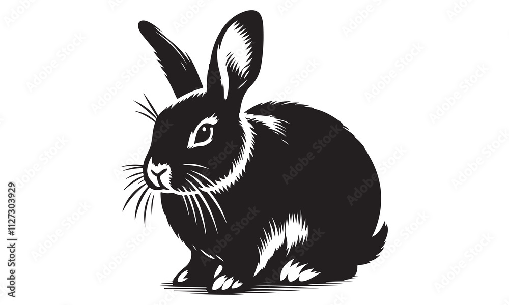 Black and white bunny isolated on white background, a furry pet with long ears Black and white bunny isolated on white background, a furry pet with long ears