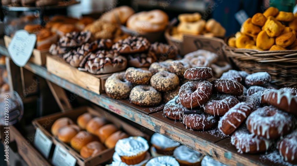 Variety of artisanal pastries and desserts on display at a bakery