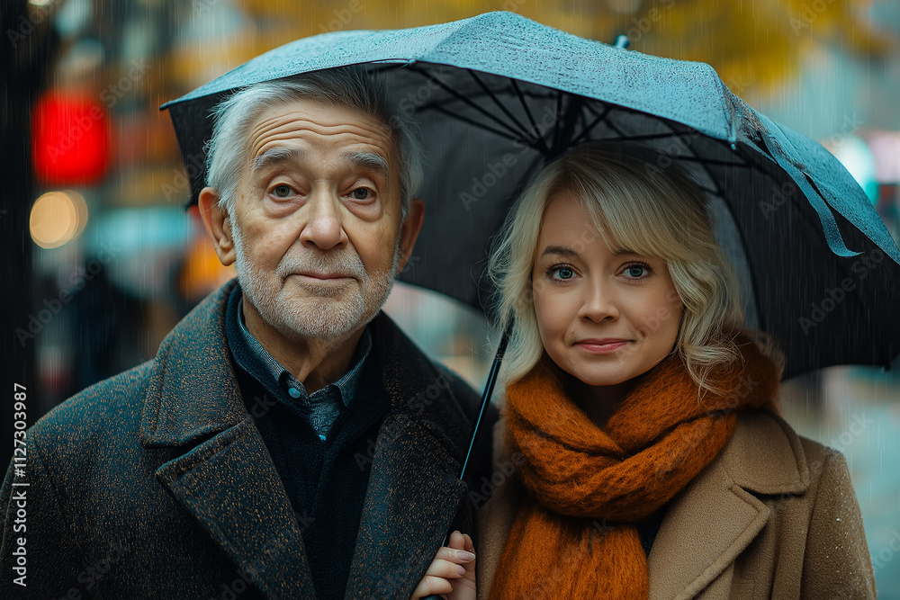Elderly man and a young woman standing together under an umbrella on a rainy autumn day. Elderly man and a young woman standing together under an umbrella on a rainy autumn day.