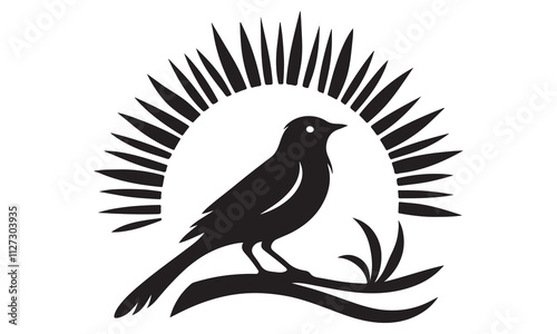 Silhouette of a black bird with a beak perched on a branch, a classic nature illustration