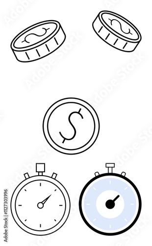 Coins dollar symbol two stopwatches with different times. Ideal for finance, savings, efficiency, investment, productivity, planning, business. Line metaphor