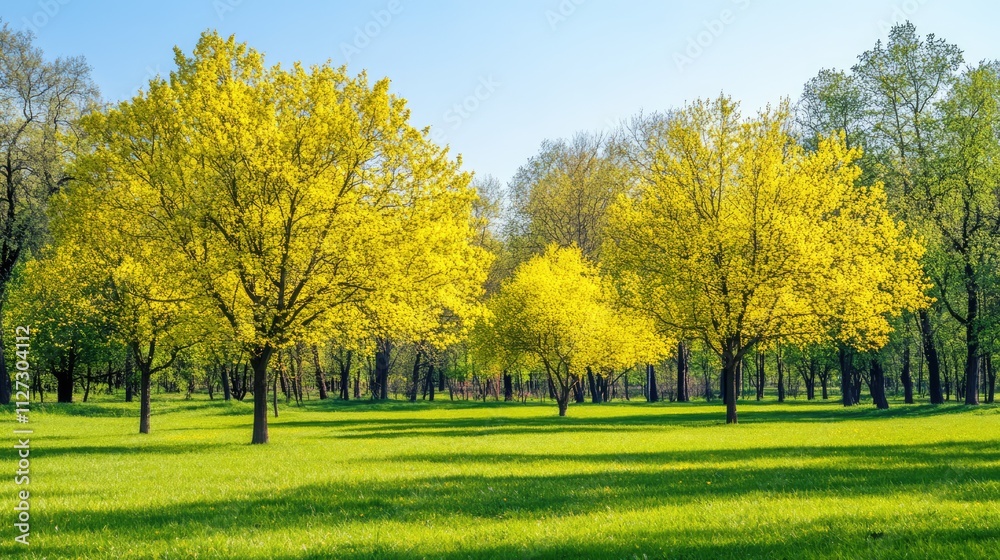 Vibrant yellow and fresh green foliage of deciduous trees in a sunlit spring park, casting shadows on lush grass, nature, outdoor beauty, serene landscape, springtime. Vibrant yellow and fresh green foliage of deciduous trees in a sunlit spring park, casting shadows on lush grass, nature, outdoor beauty, serene landscape, springtime.